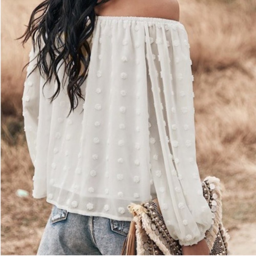 White dotted off shoulder flowy long sleeve chiffon blouse, size S, new - Picture 2 of 8